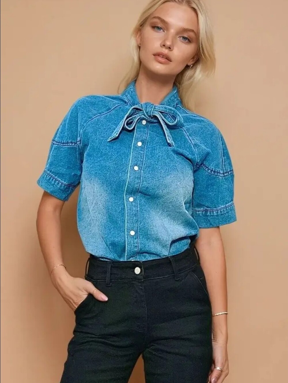Women’s Blue Denim Tie-Neck Button-Down Shirt